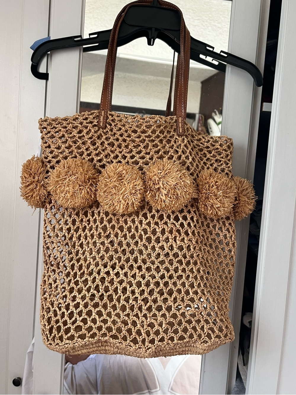 Handwoven Tan Pom-Pom Tote Bag with Brown Handles
